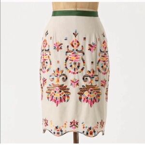 Anthropologie Cream Multicolor Embroidered Pencil Skirt